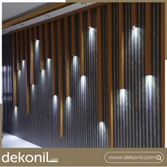 an advertisement for the delkoni lighting company, featuring wooden slats and leds