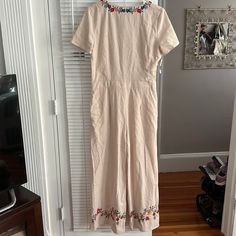 J.O.A. Natural Linen Jumpsuit With Back Tie Detail. Nwt! Tag Says Large But Can Definitely Fit Medium Sizes. Embroidered Cotton Jumpsuits And Rompers For Spring, Casual Embroidered Jumpsuits And Rompers For Spring, Spring Embroidered Fitted Jumpsuits And Rompers, Embroidered Fitted Jumpsuits And Rompers For Spring, Olive Green Jumpsuit, White Lace Romper, Sleeveless Jumper, Floral Print Rompers, Cotton Jumpsuit