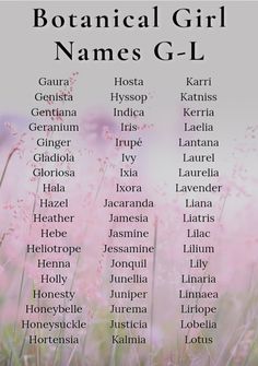 the names of botanical girl names in front of some pink and white flowers on a field