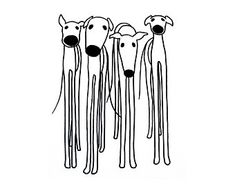 three dogs standing next to each other with one dog looking at the camera and another drawing