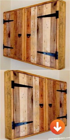 two pieces of wood with metal straps hanging on the side of each piece, one is made out of pallets