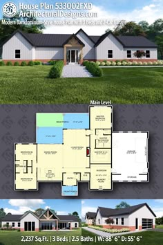 two story house plan with 3 bedroom and 2 bathrooms in the front, an open floor plan