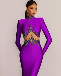 Luxury Long Sleeve Prom Gown, Fitted Long Sleeve Purple Gown, Purple Fitted Long Sleeve Gown, Fitted High Neck Evening Dress For Wedding, Purple Long Sleeve Dress For Formal Occasions, Purple Fitted Evening Dress, Purple Long Sleeve Evening Dress For Wedding, Purple Long Sleeve Formal Dress, Luxury Long Sleeve Dresses For Prom Season