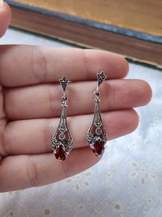 Victorian Dangle Earrings Sterling Silver Marcasite Red Glass 925 Romantic Gothic Dark Academia Speakeasy Filigree Earrings Red Drop Dangle - Etsy Red Filigree Dangle Jewelry, Ornate Red Filigree Earrings, Red Dangle Filigree Jewelry, Ornate Red Drop Earrings, Red Filigree Dangle Earrings, Ornate Red Teardrop Jewelry, Ornate Red Sterling Silver Earrings, Red Sterling Silver Filigree Earrings, Red Filigree Drop Earrings