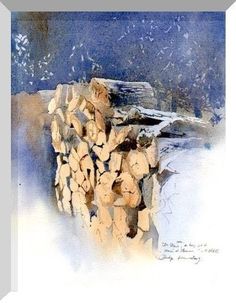 a watercolor painting of rocks in the snow