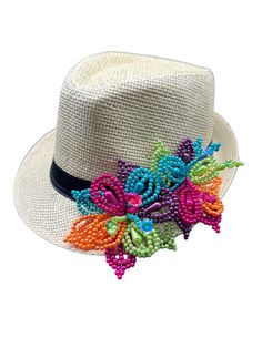 image Handmade Flower Hats For Summer, Summer Multicolor Flower Hat, Summer Multicolor Flower-shaped Hat, Multicolor Flower-shaped Summer Hat, Summer Flower-shaped Multicolor Hat, Multicolor Summer Fedora For Festival, Handmade Summer Panama Hat For Kentucky Derby, Beaded Wide Brim Straw Hat For Spring, Adjustable Beaded Fedora For The Beach