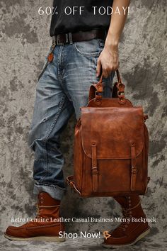 Crafted for the modern man, this Retro Genuine Leather Casual Business Men's Backpack offers both style and durability. Made from top-layer cowhide, it features a vegetable tanned leather design that is both spacious and portable. Perfect for travel or daily use, this backpack is sure to elevate any outfit. Leather Outdoor Laptop Bag, Leather Laptop Backpack With Large Capacity, Large Capacity Leather Laptop Backpack, Rugged Leather Rectangular Backpack, Leather Briefcase With Large Capacity, Leather Backed Backpack For Everyday Use, Large Capacity Leather Backpack In Brown, Brown Leather Backpack With Large Capacity, Rugged Rectangular Backpack For Daily Use