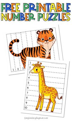 two printable numbers puzzles for children to practice counting and number recognition with zebras, tiger