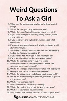 weird questions to ask a girl Personal Questions To Ask, Weird Questions To Ask, Weird Questions, Pick Up Line Jokes