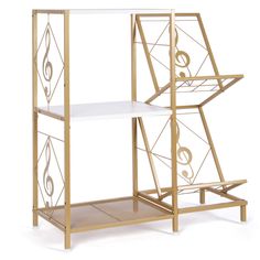 a gold and white shelf with two shelves on each side, one has a music note in the middle