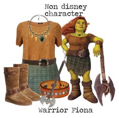 an image of a woman in costume and boots with accessories on her feet, standing next to the words warrior fiona