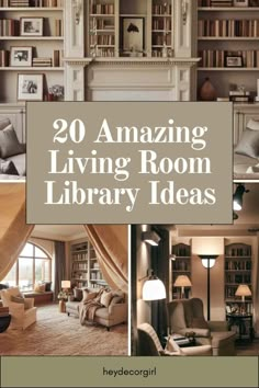 the living room has many bookshelves and couches with pictures on them in it