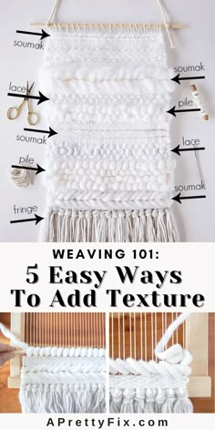 Learn to create beautiful texture to your weaving by following this step-by-step tutorial that utilizes 5 easy techniques. So simple and pretty! #diyweaving #woven #texture #beginnerweaving Easy Weaving, Art Yarn Weaving, Wall Weaving, Tapestry Loom, Wall Weave, Weaving Loom Diy, Weaving Loom Projects, Peg Loom