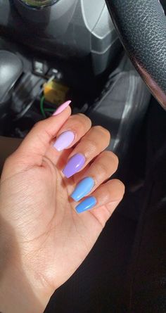 Blue And Purple Nails Designs Simple, Blue Multicolor Nails Acrylic, Color Gradient Nails Summer, Blue To Purple Nails, Plain Colour Nails Acrylic, Different Color Purple Nails, Blue And Purple Nail Ideas, Different Color Blue Nails, Plain Nail Colours