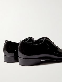 All of George Cleverley's shoemakers go through a rigorous apprenticeship lasting three to five years, ensuring each pair is made to the highest standard. These 'Merlin' Oxford shoes are cut from a single piece of patent leather and set on Goodyear-welted soles for long-lasting comfort. Patent Leather Oxfords, Black Oxfords, Oxford Shoes Men, Leather Oxford Shoes, Shoe Tree, Goodyear Welt, Derby Shoes, Shoes Uk, Formal Shoes