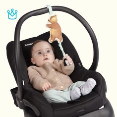 a baby in a car seat with a stuffed animal