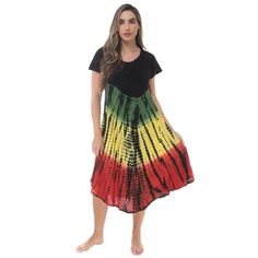 MASTER SUMMER STYLE IN THIS RASTA STUNNER Take it Easy Evoke beachy vibes, exude laid back energy, and enjoy a barrage of compliments! Weve taken gold, green, red and black rasta colors, placed our chic touch on things, and created a sundress youll love to wear out whenever the weather behaves. Pair it with sandals and wear it to the beach, slip into your favorite strappy heels and wear it on that lunch with the girls, or rock your flats and run errands about town in total style. Little details Casual Free Size Beach Dress, Flowy Short Sleeve Sundress For Beach Season, Flowy Short Sleeve Sundress For The Beach, Flowy Short Sleeve Beach Dress, Casual Free Size Beach Dress For Spring, Free Size Casual Beach Dress For Spring, Spring Casual Free Size Beach Dress, Casual Free Size Beach Dress For Vacation, Short Sleeve Sundress For Beach Season