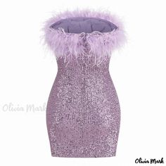 Olivia Mark - Elegant Sequined Bodycon Mini Party Dress with Feather Trim and Strapless Design Sequin Coats, Mini Party Dress, Designer Party Dresses, Cocktail Bars, Cocktails Bar, Dinner Dates, Purple Feather, Sequin Design, Feather Trim