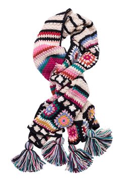 a multicolored knitted scarf with tassels