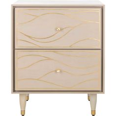 a white and gold dresser with two drawers on it's legs, one drawer open to the side