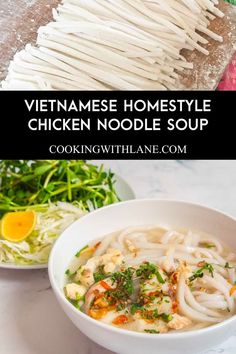 vietnamese chicken noodle soup in a white bowl with chopsticks on the side