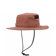 a brown hat with a black string on the brim and an adjustable neckband