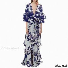 Olivia Mark - Luxurious Snowflake Print Maxi Dress Printed Maxi Dress For Spring Holiday, Spring Holiday Printed Maxi Dress, Blue Holiday Dresses With Ruffles, Blue Ruffled Dress For Holiday, Blue Holiday Dress With Ruffles, Holiday Blue Ruffled Dress, Elegant Maxi Dress For Spring Holiday, Elegant Spring Holiday Maxi Dress, Spring Holiday Dresses With Ruffles