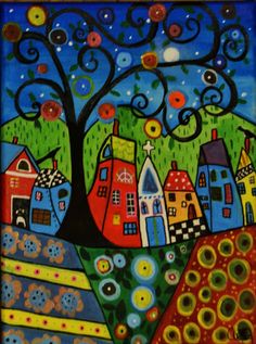 a painting with houses and trees on it