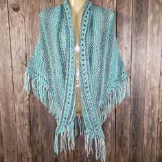 New Aqua Blue Green Multi Chunky Shawl Wrap Scarf Boho Hippie Handmade Knit Knitted Soft Bulky Acrylic Yarn Fringe Along The Bottom Pin It, Wear It Loose, Sideways Or Backwards - Have Fun With It! Approximately 34" Long At Point In The Back And 56" Wide Knitted In A Smoke Free Home By My Mom Hand Wash Cold & Lay Flat To Dry Shawl Pin Not Included And Sold Separately :) Pydomi B4 Blue One Size Shawl For Winter, Winter Blue Knit Poncho, Blue One-size Winter Shawl, Hand Knitted Blue Shawl For Winter, Blue Hand Knitted Winter Shawl, Hand Knitted Blue Winter Shawl, Blue Crochet Shawl One Size, Blue Fringe Poncho One Size, Blue One-size Poncho With Fringe