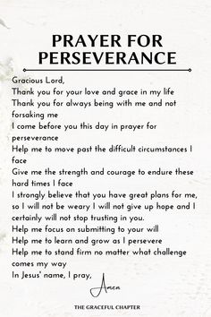 a prayer card with the words prayer for perseverance