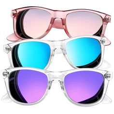 three pairs of sunglasses with mirrored lenses on top of each other, one pink and one blue