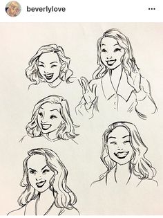 a drawing of four women with different facial expressions