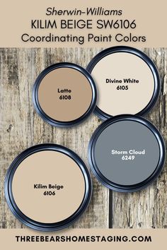 three different shades of paint on wood with the words, sheryln - williams klim begge sw106 coordinating paint colors