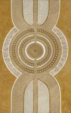 an abstract painting with circles and lines on the side, in gold tones by artist susan schnitzer