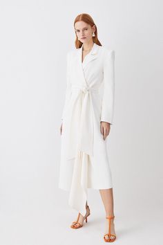 Drape Belted Long Sleeve Soft Tailored Midi Dress Workwear Midi Dress With Draped Sleeves, Workwear Mini Dress With Draped Sleeves, Fitted A-line Midi Dress With Draped Sleeves, Workwear Midi-length Draped Skirt, Pre-draped Midi Dress With Asymmetrical Hem And Draped Sleeves, Notes Style, Designer Midi Dresses, Soft Tailoring, Karen Millen