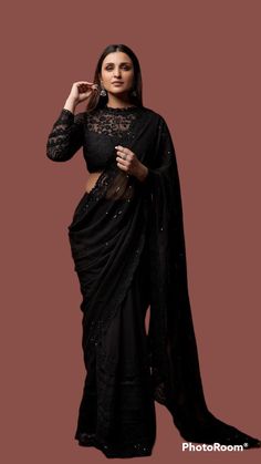 Sari Styles Modern, Black Saree With Black Blouse, Modern Blouse Designs Saree Classy, Saree Styles Modern Classy Wedding, Black Sharara Outfit, Black Saree Designs For Farewell, Designer Black Saree Party Wear, Black Saree Party Wear Fashion Styles