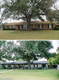 before and after photos of a house in the suburbs, with trees growing out of the front yard