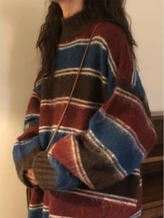 Preppy Mode, Striped Knitwear, Aesthetic Sweaters, Oversized Striped Sweater, Mode Hippie, Casual Knitwear, Fashion 90s, Sweaters Women, Korean Casual