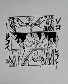 an ink drawing of two anime faces with different expressions on the same page, one is black and white