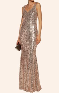 MACloth V Neck Sequin Formal Evening Gown Cowl Back Wedding Party Dress Rose Gold Dress, Blush Gown, Formal Evening Gown, Wedding Party Dress, Tulle Gown, Prom Dresses Long With Sleeves, Dress Silhouette, Evening Gowns Formal, Designer Gowns