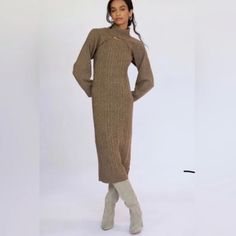 Never Worn Size Medium Cable Knit Long Sleeve Dress, Winter Knit Fitted Midi Dress, Brown Knit Long Sleeve Sweater Dress, Cozy Cable Knit Dresses For Fall, Brown Knit Sweater Dress For Spring, Fall Cable Knit Knee-length Sweater Dress, Spring Brown Knit Sweater Dress, Chic Winter Knit Midi Dress, Chic Brown Knit Sweater Dress