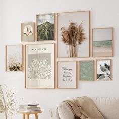 a living room filled with lots of pictures and plants on the wall next to a couch