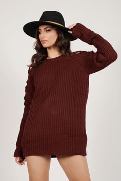 Cozy Fireside Dinner Or Just Chillin', The Wine Miracle Lace Up Sweater Dress Is Here To Elevate Your Look When You'Re Feeling Snuggly. With Lace-Up Details On The Sleeves And Shoulders, This Ribbed Sweater Looks Cute With Leggings Or Skinny Jeans, And Even Better Worn As A Trendy Sweater Dress. Fall Ribbed Sweater Dress For Loungewear, Trendy Ribbed Sweater Dress For Fall, Cozy Ribbed Winter Sweater Dress, Cozy Ribbed Sweater Dress For Winter, Winter Ribbed Sweater Dress With Crew Neck, Winter Ribbed Crew Neck Sweater Dress, Ribbed Crew Neck Sweater Dress For Winter, Wine Colored Dresses, Sweater Mini Dress