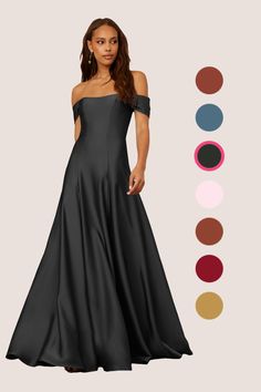 a woman in a long black dress with different colors and shapes to choose from, including the