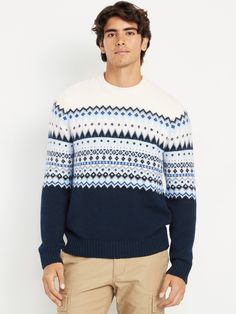 crew neck long sleeves rib-knit trim fair isle print varies pullover style relaxed fit hits at hip model is approx.  6'1" and wears size mmachine wash according to the care instruction label Mens Quarter Zip Sweater, Essential Sweatshirt, Navy Christmas, Mens Quarter Zip, Christmas Sweater Men, Pajamas Gift, Old Navy Men, Quarter Zip Sweater, Fair Isle Sweater