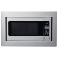 a stainless steel microwave oven with the door open