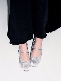 Silver Satin Bow Mary Jane Flats Mary Janes Outfit, Ballet Flats Outfit, Silver Ballet Flats, Metallic Ballet Flats, Silver Outfits, Flats Outfit, Satin Heels, Charles Keith, Mary Jane Flats