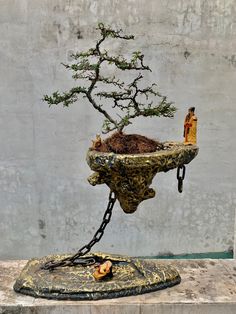 a bonsai tree is chained to a concrete wall with a small figurine sitting on top