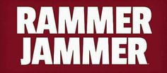 the words rammer jammer are in white letters on a red and black background