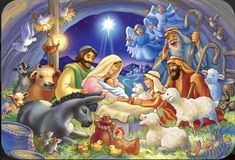 a nativity scene with baby jesus in the manger, surrounded by animals and sheeps